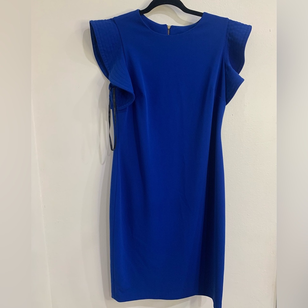 Calvin Klein fitted flutter Ruffle Sleeve Dress Royal Blue Size 10 Office Career - Picture 4 of 11